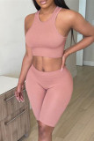 Nude Pink Fashion Casual Solid Basic O Neck Sleeveless Two Pieces