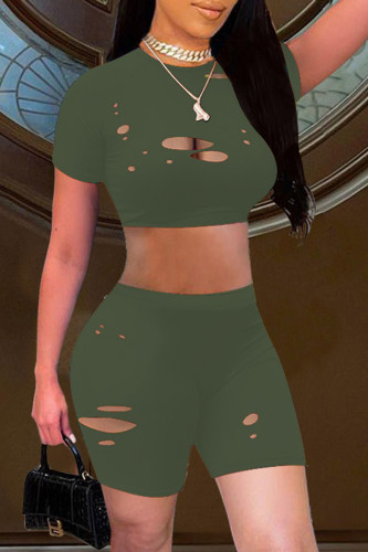 Green Fashion Casual Solid Ripped Hollowed Out O Neck Short Sleeve Two Pieces