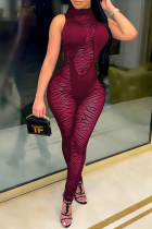 Roter sexy Animal-Print-Mesh-Rollkragen-Skinny-Overall