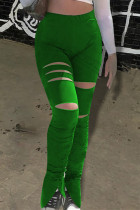 Pantalon taille haute taille haute régulier à la mode décontracté solide déchiré vert
