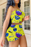 Blue Sexy Casual Print Backless Strapless Sleeveless Two Pieces