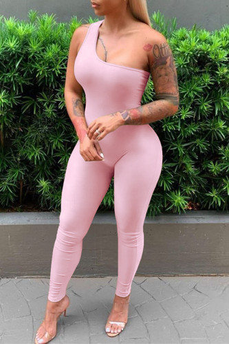 Pink Sexy Casual Solid Backless One Shoulder Skinny Jumpsuits