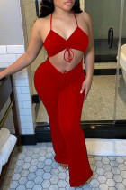 Red Fashion Sexy effen uitgeholde backless V-hals Regular Jumpsuits