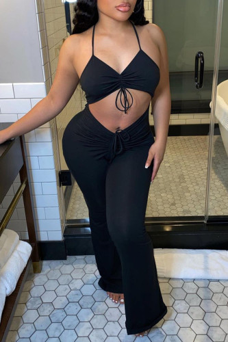 Black Fashion Sexy Solid Hollowed Out Backless V Neck Regular Jumpsuits