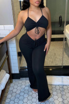 Zwarte mode Sexy effen uitgeholde backless V-hals reguliere jumpsuits