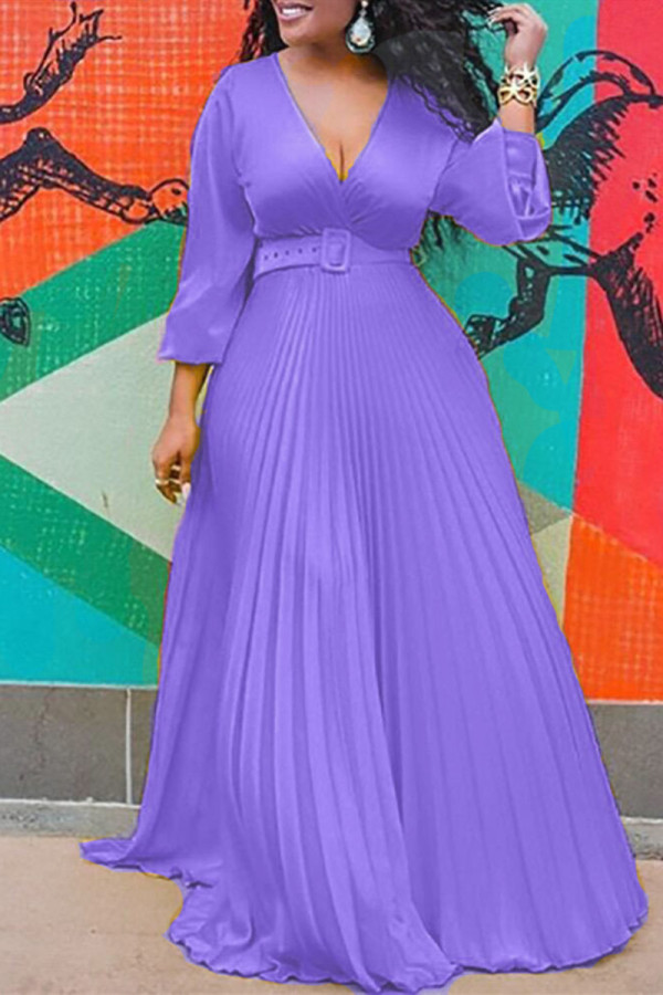 Фиолетовые модные повседневные однотонные лоскутные платья с V-образным вырезом и длинными рукавами