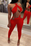 Red Fashion Sexy Solid Backless Halter Sleeveless Two Pieces