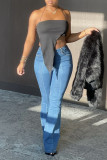 Calça jeans reta básica de cintura alta moda casual patchwork azul bebê