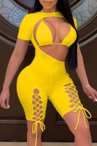 Yellow Fashion Sexy Solid Hollowed Out Strap Design O Neck Short Sleeve Two Pieces