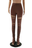 Pantalones de cintura alta regulares con aberturas rasgadas sólidas casuales de moda marrón