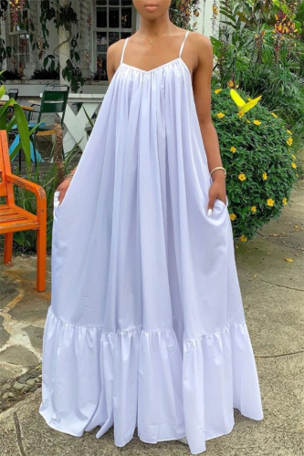 White Sexy Casual Solid Backless Spaghetti Strap Loose Sling Dress