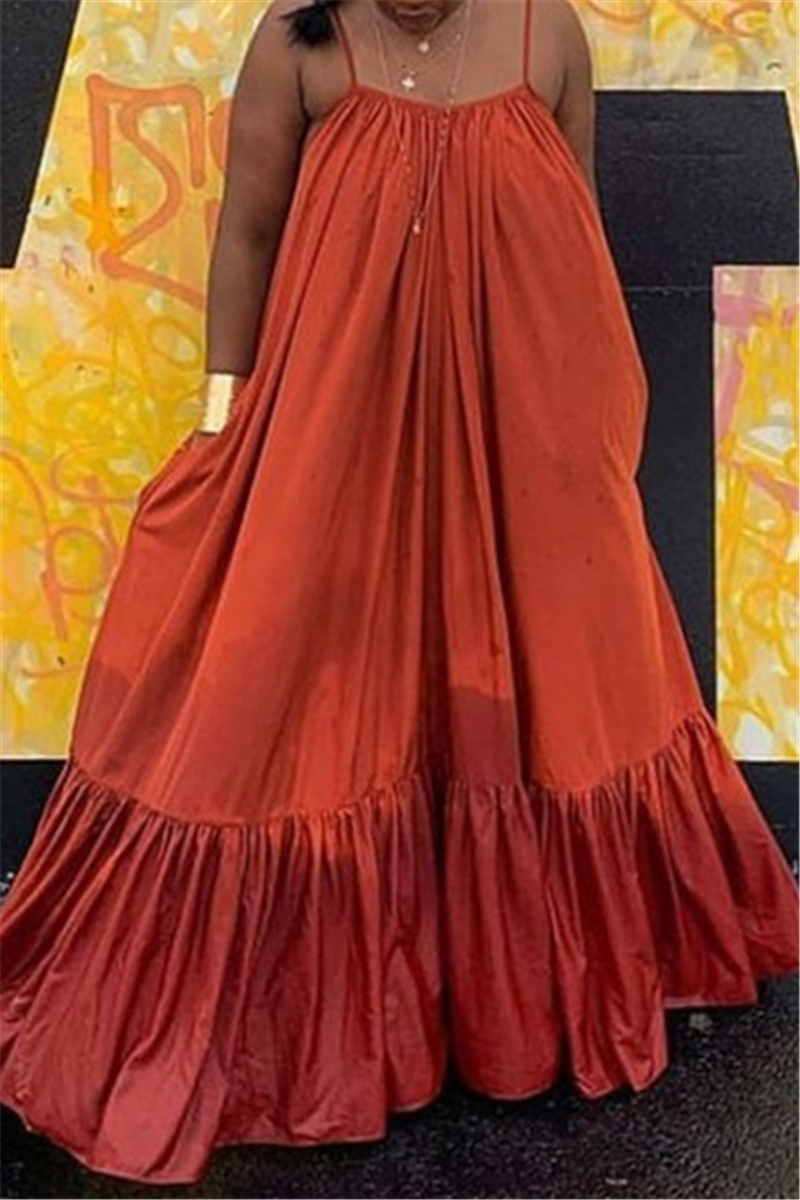 

Brown Sexy Casual Solid Backless Spaghetti Strap Loose Sling Dress