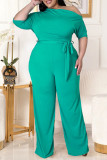 Lake Green Fashion Casual Solid Backless mit Gürtel Schrägkragen Plus Size Jumpsuits