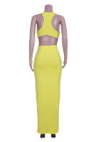Желтое модное сексуальное однотонное платье без рукавов с круглым вырезом