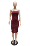 Burgundy Fashion Sexy Solid Patchwork Fold Square Collar Sling Dress