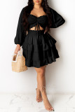 Black Sexy Casual Solid Hollowed Out Off the Shoulder Long Sleeve Dresses