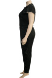 Black Fashion Casual Solid Basic O Neck Plus Size Two Pieces