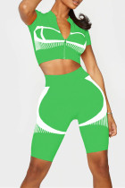 Зеленый Повседневная спортивная одежда С принтом Базовый Воротник на молнии с коротким рукавом Из двух частей