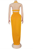 Yellow Fashion Sexy Solid Hollowed Out Backless Slit Halter Sleeveless Dress