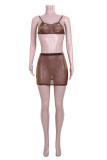 Dark Brown Fashion Sexy Solid See-through Backless Strap Design Spaghetti Strap Sleeveless Two Pieces