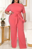 Lake Green Fashion Casual Solid Backless Met Riem Schuine Kraag Plus Size Jumpsuits