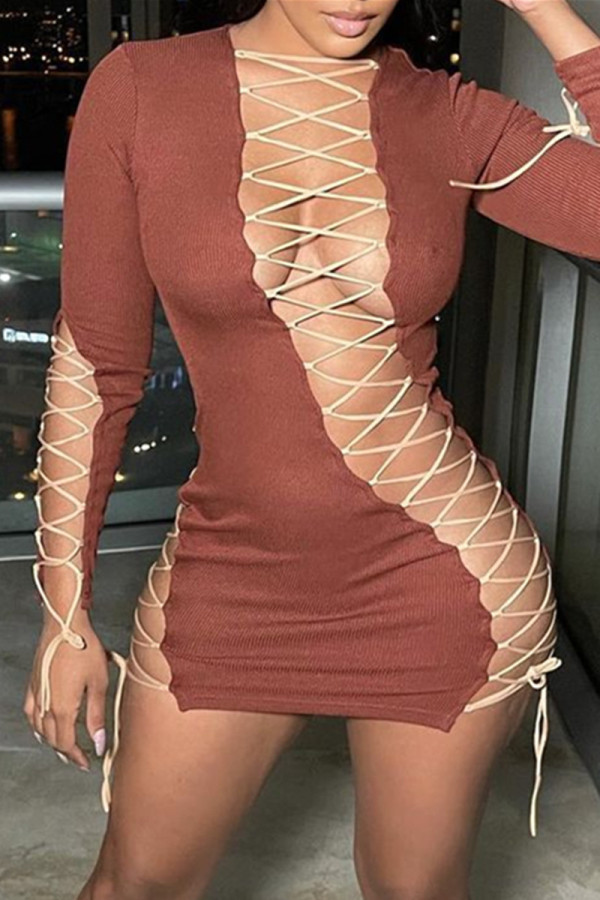 Coffee Fashion Sexy Solid Hollowed Out Strap Design Long Sleeve Dresses