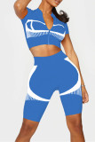 Blau Casual Sportswear Print Basic Reißverschlusskragen Kurzarm Zweiteiler