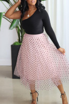Pink Fashion Casual Dot Print Basic Oblique Collar Long Sleeve Two Pieces