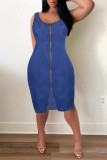 Blue Fashion Sexy Solid Slit Zipper U Neck Vest Dress Dresses