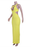 Yellow Fashion Sexy Solid Hollowed Out O Neck Sleeveless Dress
