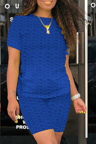Blue Casual Solid Patchwork O Neck Short Sleeve Two Pieces