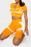 Оранжевый Повседневная спортивная одежда С принтом Базовый Воротник на молнии С коротким рукавом Из двух частей