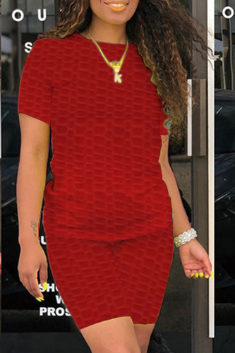 Red Casual Solid Patchwork O Neck Short Sleeve Two Pieces