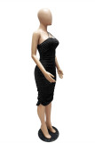 バーガンディ ファッション セクシー ソリッド パッチワーク フォールド スクエア カラー スリング ドレス