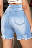 Baby Blue Fashion Casual Solid Ripped High Waist Regular Jeans