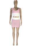 Pink Sexy Color Block Patchwork Square Collar Sleeveless Two Pieces