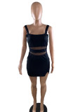 Black Fashion Sexy Plus Size Solid Patchwork See-through Slit Square Collar Sling Dress