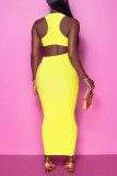 Желтое модное сексуальное однотонное платье без рукавов с круглым вырезом