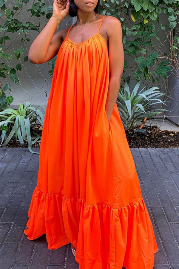 オレンジセクシーカジュアルソリッドバックレススパゲッティストラップルーズスリングドレス