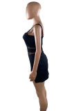 Zwarte mode sexy grote maat effen patchwork doorzichtige split-jurk met vierkante kraag