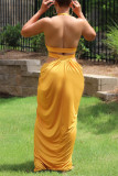 Желтое модное сексуальное однотонное платье без рукавов с открытой спиной и разрезом на шее
