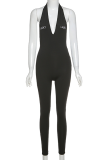 Mörkgrå sexiga sportkläder Solida rygglös V-hals Skinny Jumpsuits
