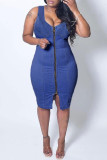 Blue Fashion Sexy Solid Slit Zipper U Neck Vest Dress Dresses