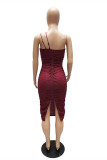 Burgundy Fashion Sexy Solid Patchwork Fold Square Collar Sling Dress