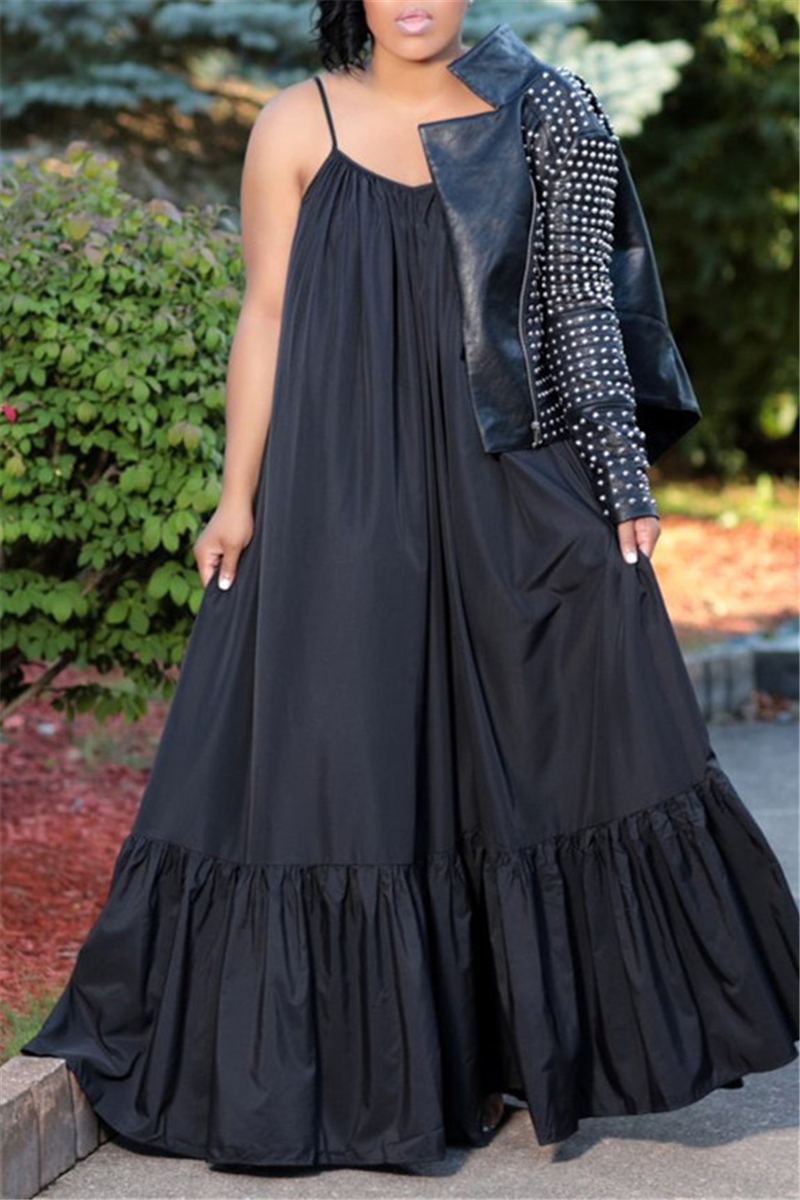 

Black Sexy Casual Solid Backless Spaghetti Strap Loose Sling Dress