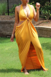 Желтое модное сексуальное однотонное платье без рукавов с открытой спиной и разрезом на шее