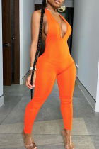 Combinaisons skinny sexy sportswear solide dos nu col en V orange