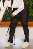 Zwarte mode sexy effen trekkoord doorschijnende normale broek met middelhoge taille