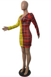 Красно-желтые модные повседневные платья в стиле пэчворк с V-образным вырезом и длинными рукавами