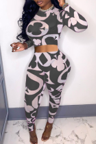 Black Sexy Print Split Joint O Neck Long Sleeve Two Pieces
